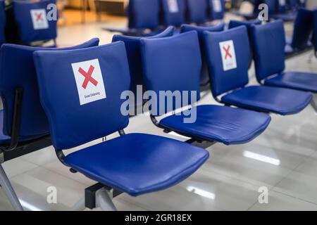 Social Distancing, Symbol Sticker On Chair In International Airport