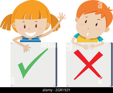 Girl with right sign and boy with wrong sign Stock Vector