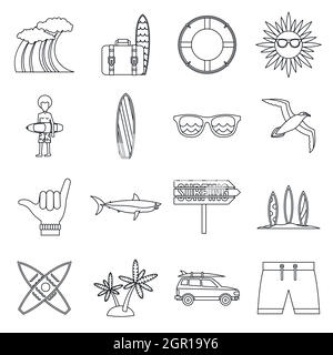 Surfing icons set, outline style Stock Vector