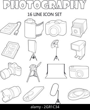 Photography icons set, outline style Stock Vector