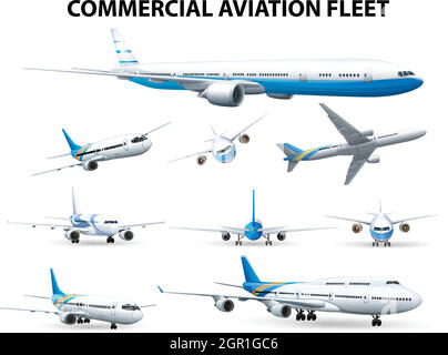 Airplane in different positions for commercial aviation fleet Stock Vector