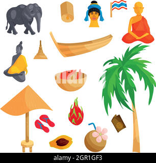 Thailand icons set, cartoon style Stock Vector