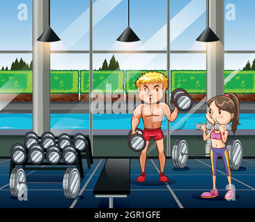 Man and woman working out in the gym Stock Vector