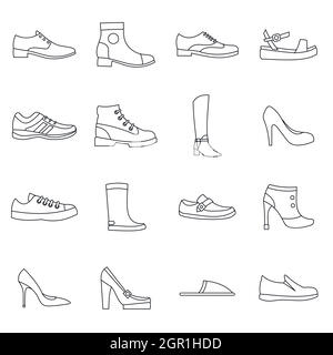 Shoe icons set in outline style Stock Vector