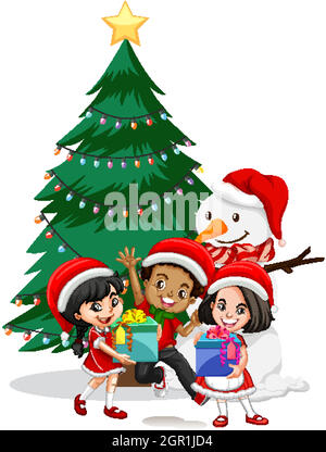 Children wear Christmas costume cartoon character with snowman on white background Stock Vector