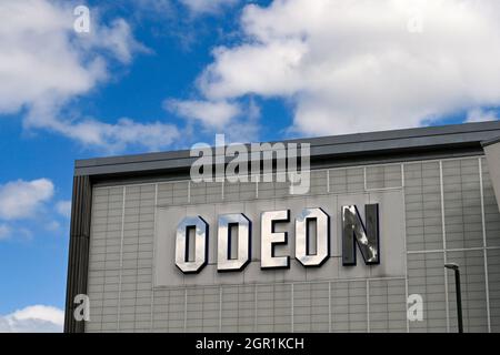 Bournemouth, England - June 2021: Sign on the outside of the Odeon cinema in Bournemouth town centre. No people. Stock Photo