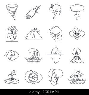 Natural disaster icons set, outline ctyle Stock Vector