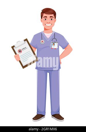 Handsome doctor in professional uniform. Male doctor holding clipboard with COVID-19 prevention information. Stock vector illustration on white backgr Stock Vector