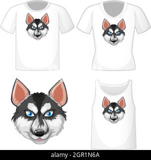 Siberian husky cartoon character logo on different white shirt isolated on white background Stock Vector