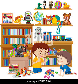 Scene with two boys playing toys in the room Stock Vector