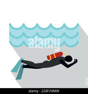 Aqualanger in diving suit icon, flat style Stock Vector