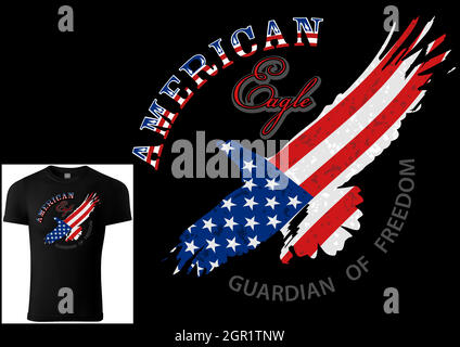 T-shirt Design American Eagle on Black Background Stock Vector