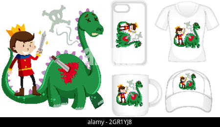 Graphic design on different products with knight and dragon Stock Vector