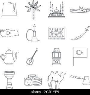 Turkey travel icons set, outline style Stock Vector