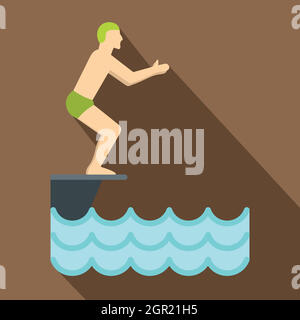 Man standing on springboard preparing to dive icon Stock Vector