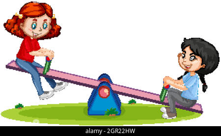 Cartoon character girls playing seesaw on white background Stock Vector