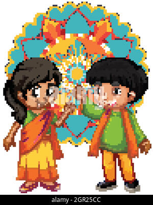 Indian boy and girl with mandala in background Stock Vector