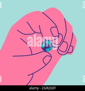 Giant human holds small planet Earth with two fingers. As a symbol of the fragility of the world. Eco friendly and sustainable ecosystem creation. Stock Vector