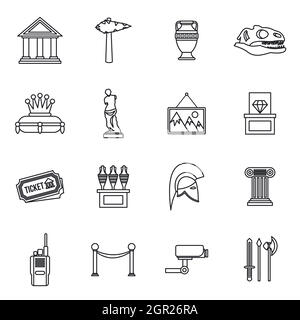 Museum icons set, outline style Stock Vector