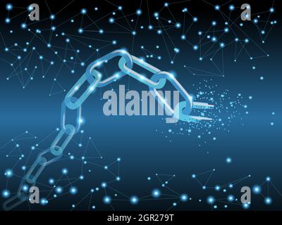 Metal glowing chain surrounded by luminous dots and a light mesh Stock Vector