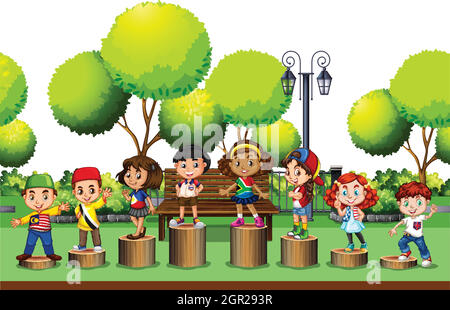 Children standing on log in the park Stock Vector
