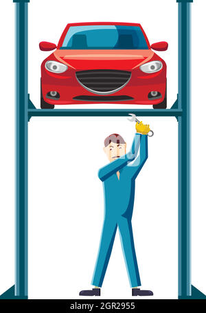Mechanic repairing a car on a lift icon Stock Vector