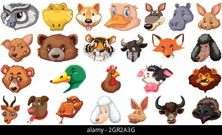 Set of different cute cartoon animals head huge isolated on white background Stock Vector