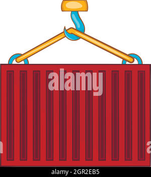 Crane lifts red container icon, cartoon style Stock Vector