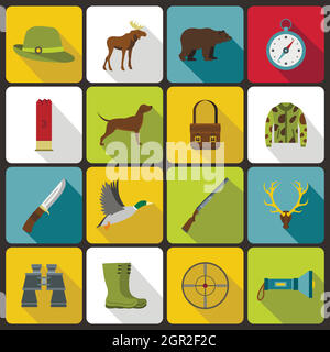 Hunting icons set in flat style Stock Vector