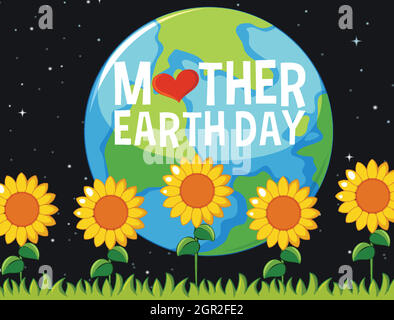 Poster design for mother earth day with sunflowers in the garden at night Stock Vector