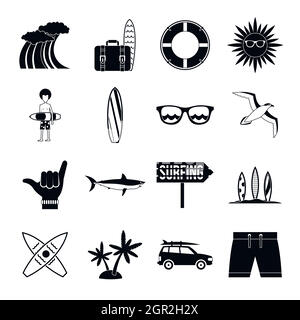 Surfing icons set, simple style Stock Vector