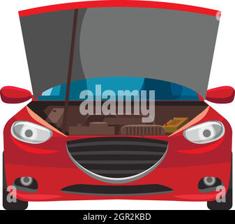 Red car with an open hood icon, cartoon style Stock Vector
