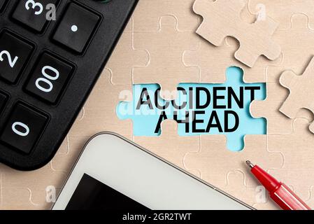 Text sign showing Accident Ahead. Word Written on Unfortunate event Be Prepared Detour Avoid tailgating Building An Unfinished White Jigsaw Pattern Stock Photo