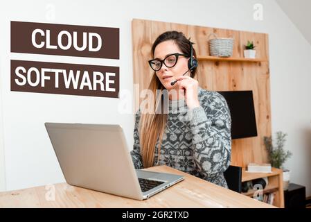 Handwriting text Cloud Software. Internet Concept Programs used in Storing Accessing data over the internet Callcenter Agent Working From Home Stock Photo