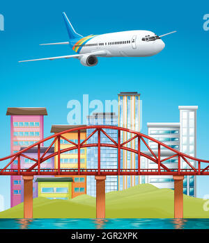 Airplane flying over buildings Stock Vector