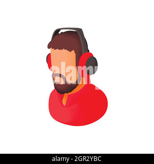 Male commentator in headphones icon, cartoon style Stock Vector