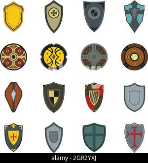 Shields icons set, flat style Stock Vector