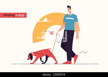 Vector illustration depicting a young smiling man walking a dog on a ...