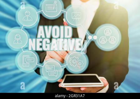 Hand writing sign Avoid Negative. Business overview Staying away from pessimistic showing Suspicious Depression Lady In Uniform Holding Tablet In Hand Stock Photo