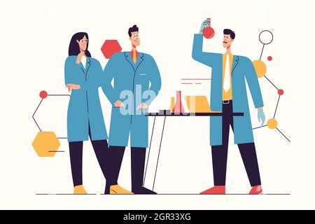 Vector illustration depicting a group of scientists working, making tests, researching in a laboratory. Editable stroke Stock Vector