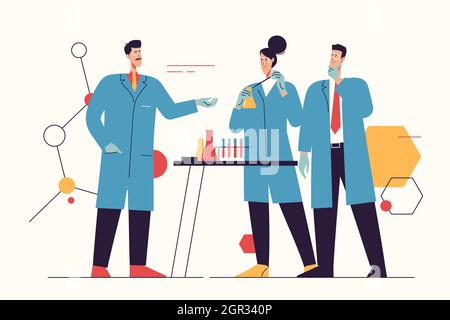Vector illustration depicting a group of scientists working, making tests, researching in a laboratory. Editable stroke Stock Vector