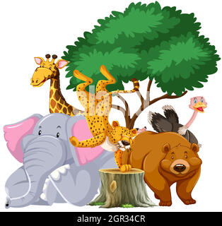 Group of animals under the tree Stock Vector