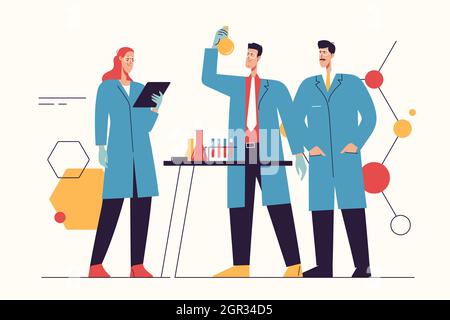 Vector illustration depicting a group of scientists working, making tests, researching in a laboratory. Editable stroke Stock Vector