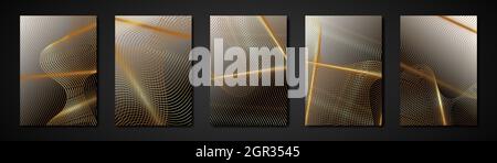 Set cards abstract engraving golden texture. Wavy etching background gradient color. Luxury Invitation or cover design template, wavy gold stripes Stock Vector