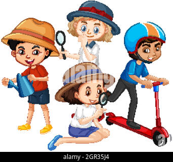 Many kids with magnifying glass Stock Vector