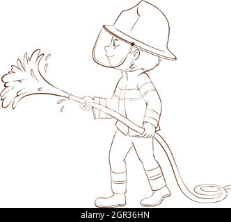Illustration of a fireman holding a fire hose near a hydrant on a white ...