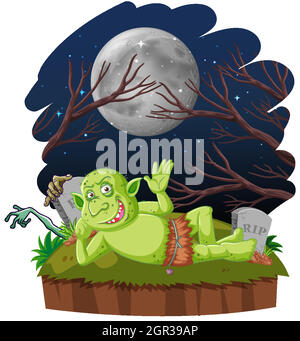 Night scene with goblin or troll cartoon character Stock Vector