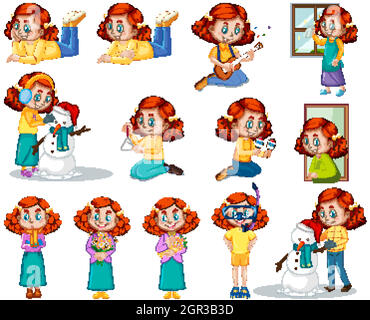 Girl in yellow shirt doing different activities Stock Vector