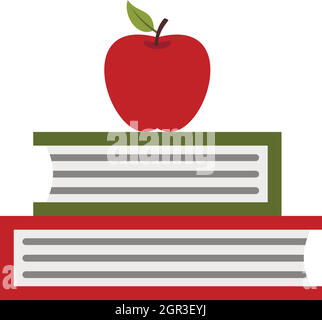 Two books with red apple icon, flat style Stock Vector