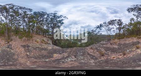 360 degree panoramic view of Spherical panoramic photograph from Portal Lookout overlooking Nepean River in the Blue Mountains in New South Wales in Australia